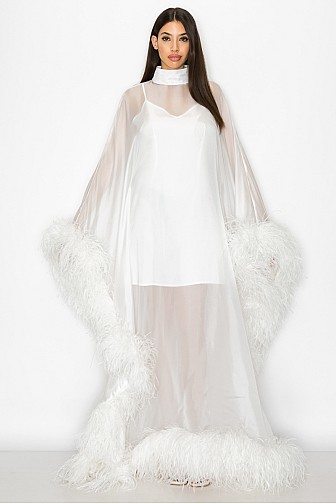 SHEER FABRIC WITH FEATHER PANCHO LONG DRESS